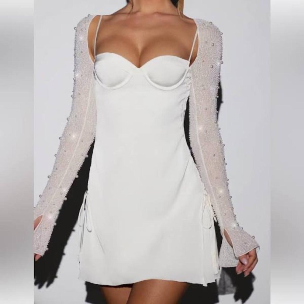 Elegant White Dress with Sheer Sleeves